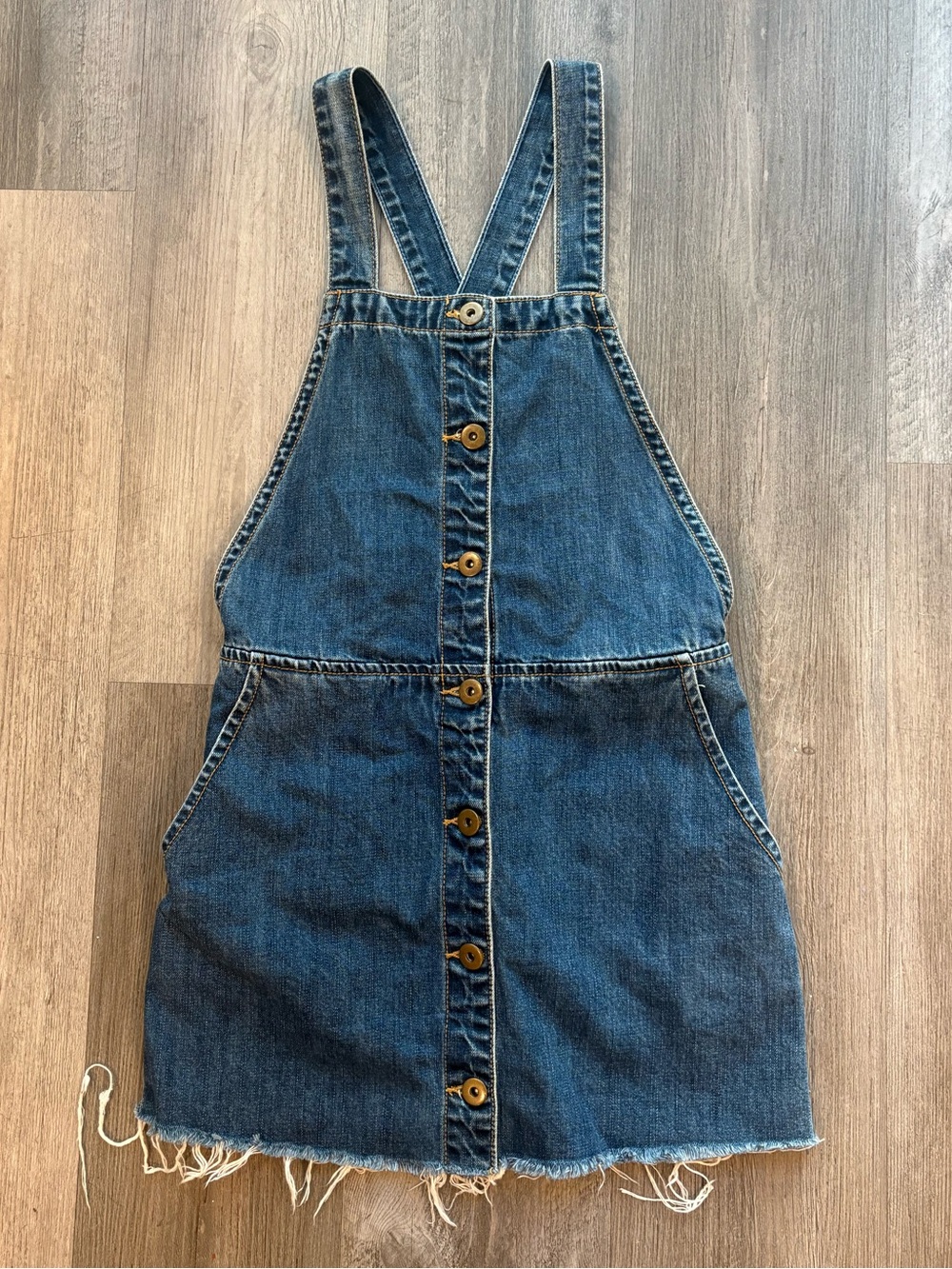 Free People Denim Overall Mini Dress Raw Hem Button Front